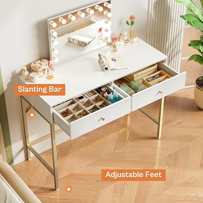 SUPERJARE 39.4" White and Gold Desk with 2 Drawers, Modern Makeup Vanity Desk, Small Computer Desk Home Office Desk for Writing Study Bedroom