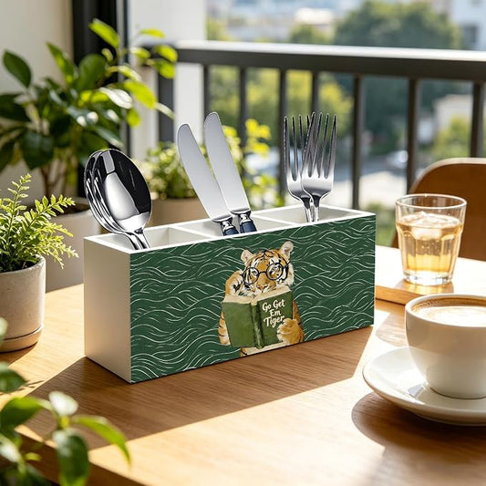 Funny Motivational Tiger Reading Pen Pencil Holder Organizer for Desk Accessories, Book Lover Reader Gifts, Eclectic Green Japandi Animal Bookish Wood Signs for Reading Nook Room Library Decor