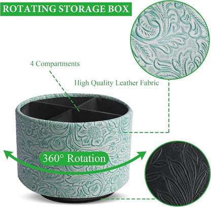 lizimandu Round Leather Art Supply Organizer,Remote Control Holder,360 Degree Spinning,Multi-Functional Pencil Holder,4 Compartments Desktop Stationary Organizer(1-Carved Stone Green)