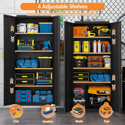 PAOFIN Metal Garage Storage Cabinet with Wheels,Steel Lockable File Cabinets with 2 Doors and 5 Adjustable Shelves,74" H Locking Tool Cabinets for Home Office, Warehouse, Required Assembly,Black