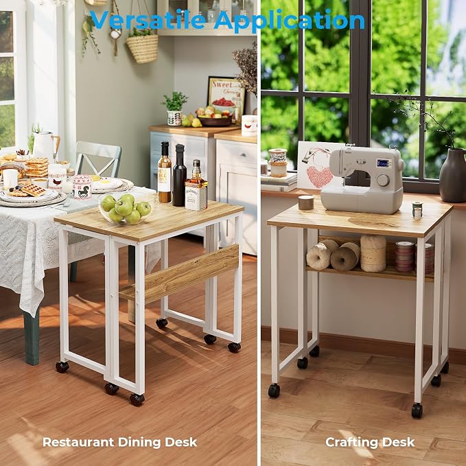 GreenForest Folding Desk with Wheels, 31.5 Inch Compact Rolling Computer Table with Storage Shelf, Portable Mobile Workstation for Small Spaces, Easy Assembly, Oak