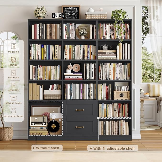 HOSTACK 71" Tall Triple Wide Bookshelf with Doors & Drawers, Modern Wood Bookcase for Storage, 6-Tier Large Bookcase with Display Shelves, Space-Saving Bookshelf for Living Room, Home Office, Black