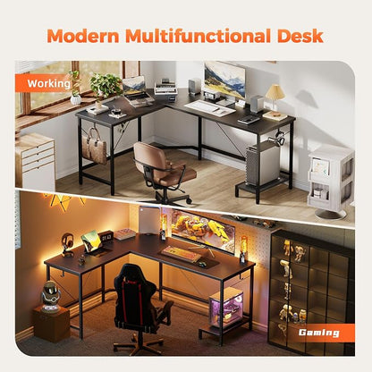 Mericonia 59 inch Large L Shaped Desk, Simple Corner Gaming Desk with CPU Stand & Hooks, Computer Desk for Home, Bedroom & Office Workspacee, Black