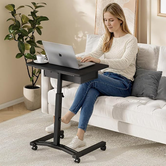 Rolling Adjustable Height Standing Desk With Drawers, Small Mobile Laptop Desk Cart On Wheels For Small Spaces Home Office, Portable Sitting Laptop Table For Bed Couch Load Up To 60LBS, Sturdy, Black
