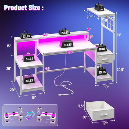 DurayLoly 55" Computer Desk with LED Lights & Outlets,Office Desk with Drawers & Monitor Stand,Gaming Desk with 3 Storage Shelves, Hooks& Printer Space for Game&Study Room,Home Office,Bedroom,White