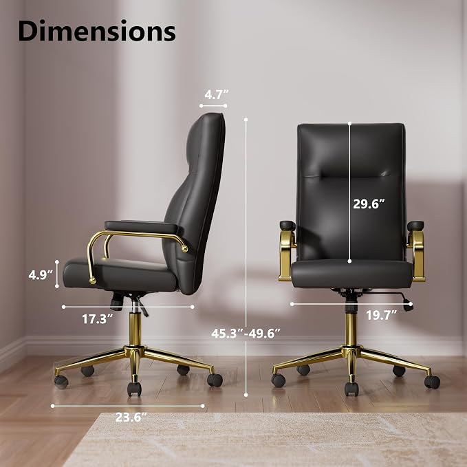 GXJ Black and Gold Office Chair with Memory Foam Seat, Computer Desk Chair | 4.9'' Memory Foam Seat and 4.7'' Comfortable Backrest, High Back Leather Executive Chair with Wheels and Arms for Women
