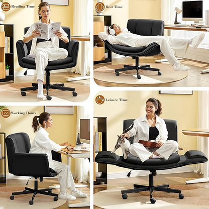 HeroSet Criss Cross Chair with Wheels & Armrests,Comfy Wide Vanity Chair,Scratch-Resistant Pu Leather Cross Legged Desk Chair,Height Adjustable Computer Office Desk Chairs for Home,Makeup,Bedroom
