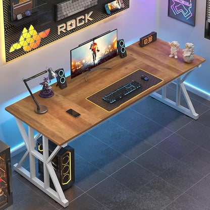 TVU Computer Desk, 63 inch Large Office Desk, Study Writing Table with Thicken Frame, Gaming Desk, Modern Simple Desk for Home Office, Brown