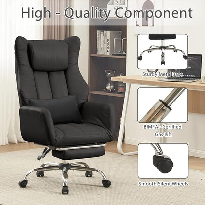 Ergonomic Cross Legged Office Chair with Footrest,Leather Big and Tall Executive Chair with Lumbar Pillow,Reversible Armrest for Pets,155° Reclining Computer Wide Desk Chair for Home,Office, Black
