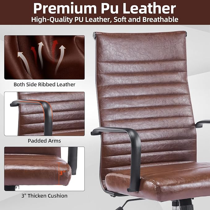 Office Chair, Ergonomic Executive Conference Room Chairs, Ribbed Leather Desk Chair with Lumbar Support, Adjustable Height Mid-Back Swivel Chair with Padded Seat