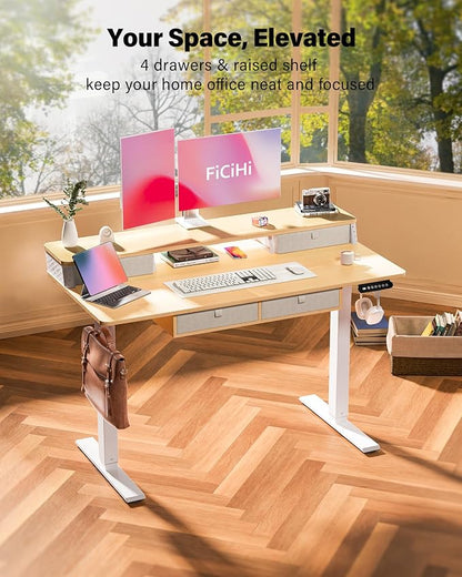 FiCiHi Electric Standing Desk with Four Drawers, 48 x 24 Inch Adjustable Height Sit Stand Desk, C-Clamp Compatible Home Office Desk with Storage Shelf & Monitor Stand Riser, Maple