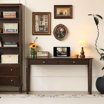 Home Office Desk, Solid Wood Computer Desk, Vintage Mid-Century Modern Writing Desk with for Study Work 55.11" W