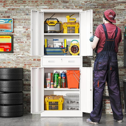 BESFUR Metal Storage Cabinet with 1 Drawer and Adjustable Shelves, 71" H Reinforced Heavy Duty Locking Storage Cabinet for Office, Garage, Home, School, Utility(White)
