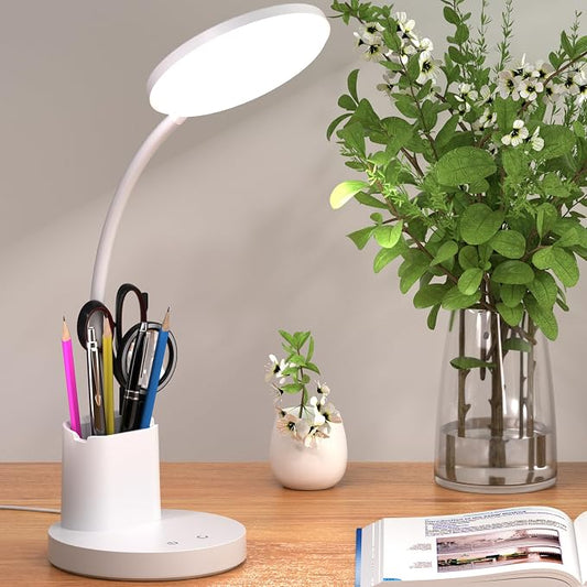 Desk Lamp, LED Desk Lamps for Home Office, Touch Table Lamp with 3 Color Modes 360° Adjustable Arm, Dimmable Desk Light with Pen Phone Holder for College Dorm, White