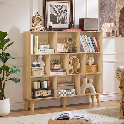 LEYAOYAO 10 Cube Bookshelf,3 Tier Modern Wide Bookcase with Legs,Mid-Century Wood Bookshelves Storage,Light Wood Large Book Case,Freestanding Organizer Display Shelf for Bedroom,Living Room,Office