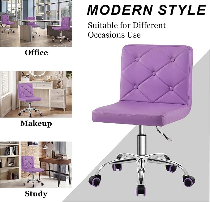 VECELO PU Leather Mid-Back Armless Vanity Chair Adjustable Height 360° Rolling Swivel for Home Office Work