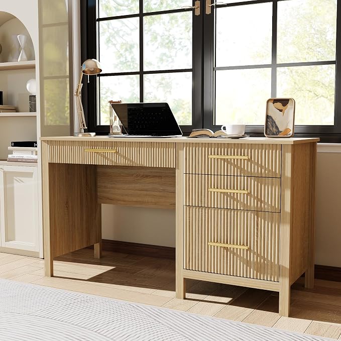 Fluted Executive Desk with Drawers: 54" Oak Home Office Desks with File Drawers, Modern Computer Desk with Gold Handles, Writing Table for Study, Living Room (Oak, 54")