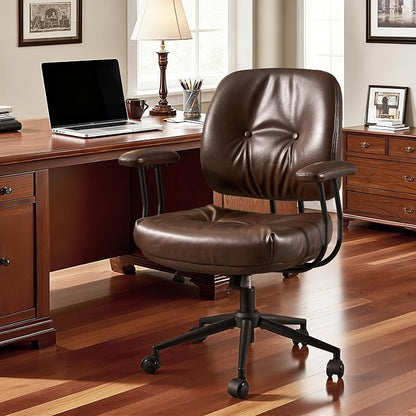 Leather Home Office Chair, Mid Back Ergonomic Desk Chair with Lumbar Support, Mid Century Modern Deep Seat Swivel Rocking Computer Chair, Dark Brown