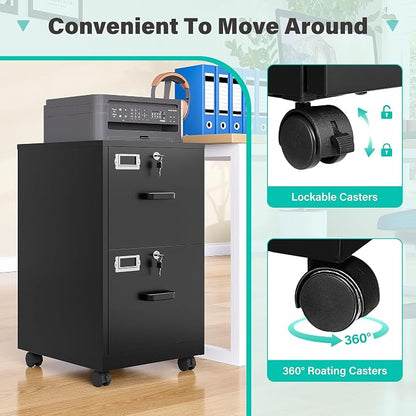SISESOL 2 Drawer File Cabinet on Wheels,Metal Filing Cabinet with Lock,Black Rolling File Cabinets with Casters,Under Desk Office Cabinets for Home Office,Fit A4/Letter/Legal,Easy Assembly