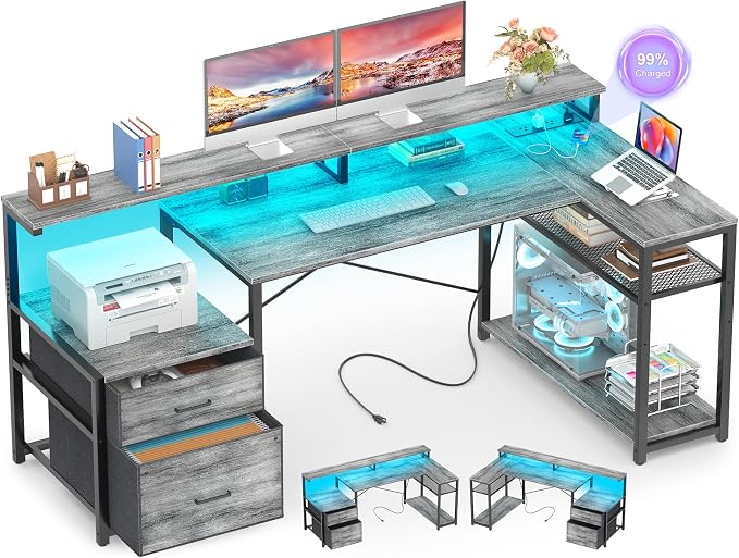 Aheaplus L Shaped Desk with File Drawer, Reversible L Shaped Computer Desk Gaming Desk with Power Outlet & LED Strip, Home Office Desk with Monitor Shelf, Corner Desk with Storage Shelves, White Oak