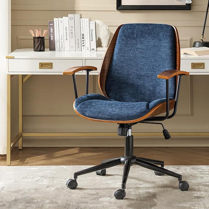Modern Ergonomic Office Chair with Wood Frame & Metal Base, Swivel Home Office Desk Chairs with Adjustable Height, Comfy Upholstered Computer Chair, Navy