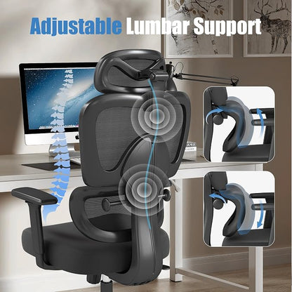Ergonomic Office Chair with Adjustable Lumbar Support, 3D Arms and Headrest, High Back Wide Desk Computer Chair with Wheels, for Home & Office, Black