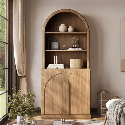 BELLEZE 71" Tall Storage Cabinet with Arched Hutch, Wooden Sideboard Buffet Cabinet with Adjustable Shelves for Pantry Organizing, 5-Tier Modern Storage Unit for Living Room Home Office, Camel