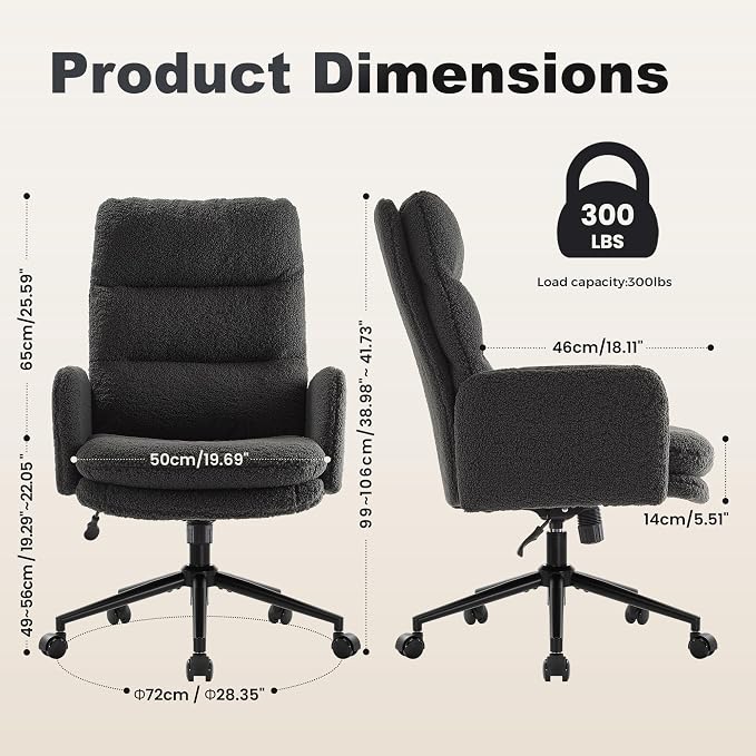 IWMH Swivel Office Desk Chair, High-Back Armchair with Wheels, Height Adjustable Home Office Chair with Armrests,Upholstered Computer Task Chair, Leisure Armchair Cashmere (Dark Grey)
