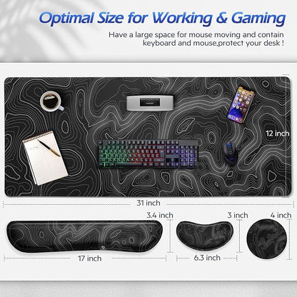 Gimars 4 in 1 Mouse Pad and Keyboard Wrist Rest Set, Large Mouse Pad with Memory Foam Wrist Support Pad for Desk with Coaster, Easy Typing Pain Relief, Gaming Office Home 31.5x12 in, Topographic Map