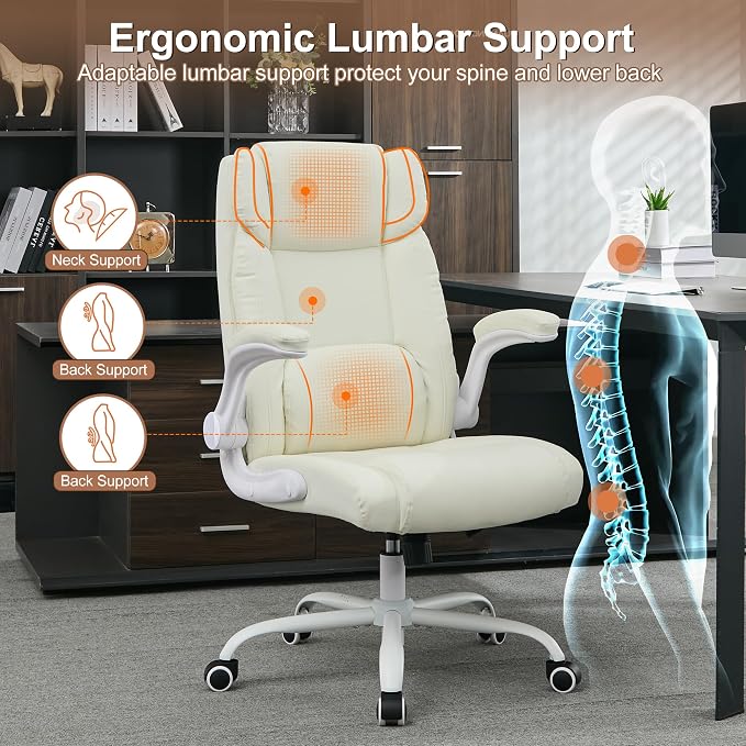 Office Desk Chair,Ergonomic Conference Room Chairs,Mid Back Executive Leather Chair,Comfy Computer Desk Chairs with Adjustable Flip-Up Arms and Rocking Function (Beige)
