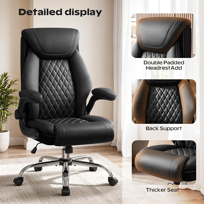 BestGlory Office Chair, Ergonomic High Back Home Office Desk Chair, Big and Tall Breathable Leather Office Chair with Lumbar Support Flip-Up Armrests, Computer Gaming Chair with Rocking Function