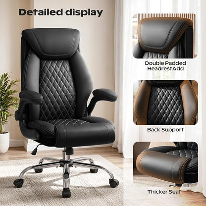 BestGlory Office Chair, Ergonomic High Back Home Office Desk Chair, Big and Tall Breathable Leather Office Chair with Lumbar Support Flip-Up Armrests, Computer Gaming Chair with Rocking Function