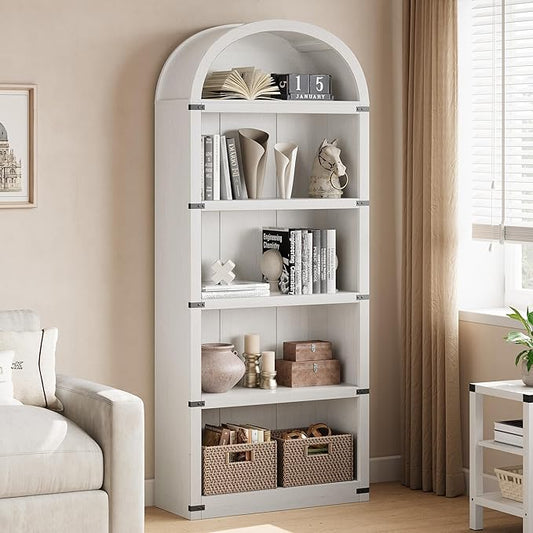 GarveeHome Bookcase 5 Shelf Arched Bookshelf 71.65 in Tall Bookcase Farmhouse Display Storage Rack Wooden Bookshelves for Home Office, Living Room (White)