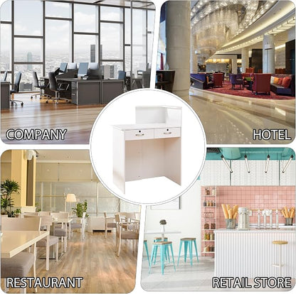 Small Reception Desk with Two Lockable Drawers,White Counter Table, Small Front Desk for Salon Lobby Office Home