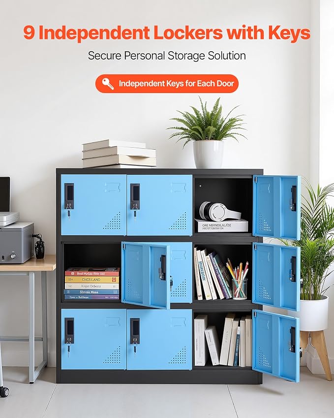 VEVOR 9 Doors Metal Locker for Employees, Steel Locking Storage Cabinet with Card Slot and Ventilation, 2 Keys for Each Door, Employee Lockers for Office, School, Gym, Home, Easy Assembly, Blue&Black
