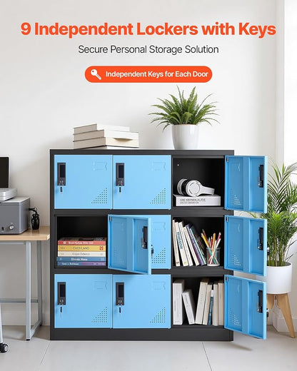VEVOR 9 Doors Metal Locker for Employees, Steel Locking Storage Cabinet with Card Slot and Ventilation, 2 Keys for Each Door, Employee Lockers for Office, School, Gym, Home, Easy Assembly, Blue&Black