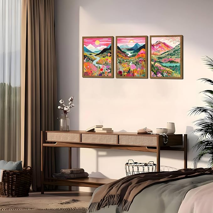Boho Colorful Mountain Wall Art Set of 3, Abstract Watercolor Landscape Flower Wall Decor Paintings, Modern Nature Sunset Forest Posters Prints for Living Room, Bedroom 12x16 Inch Wood Framed