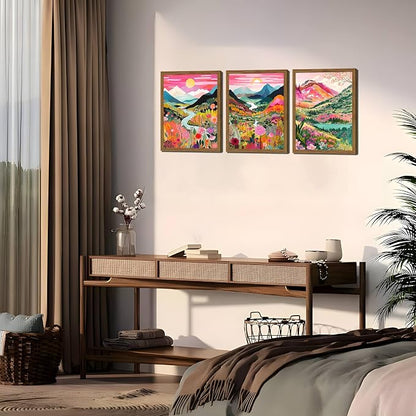 Boho Colorful Mountain Wall Art Set of 3, Abstract Watercolor Landscape Flower Wall Decor Paintings, Modern Nature Sunset Forest Posters Prints for Living Room, Bedroom 12x16 Inch Wood Framed