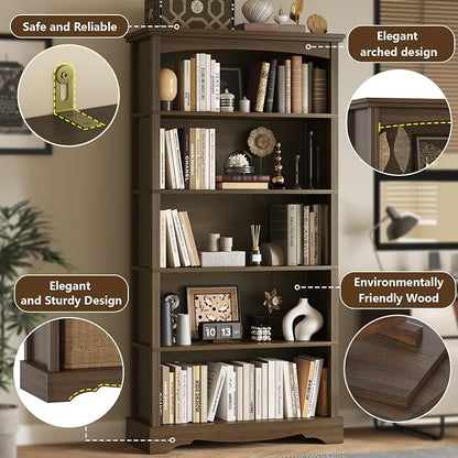 TVU 5-Tier Wooden Bookshelf, 31.5" W x 65" H ×9.9" D Bookshelf with Storage, Floor Standing Modern Style Display Bookcase for Living Room, Office, Study Room, Entryway, Brown