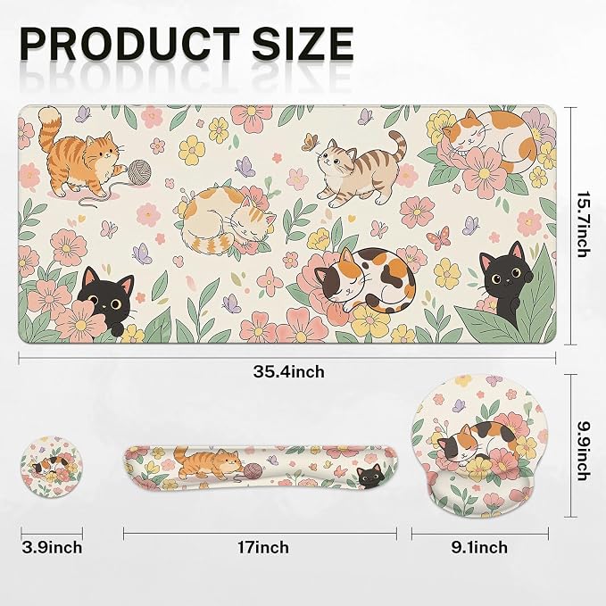 Britimes Cute Floral Cat Keyboard Mouse Pad Set Butterfly Cottagecore 4in1 Large Mousepad+Keyboard Wrist Rest+Mouse Wrist Rest+Coaster Ergonomic Design for Home Office Computer 35.4x15.7 inches