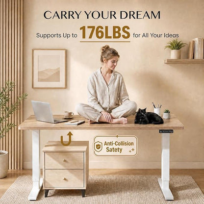 Grandder 47x32 Large Electric Standing Desk, Height Adjustable Computer Desk with 2 Memory Presets, 31.5" Deep Desktop Sit Stand Desk Home Office Desk Workstation Table with Hooks, Maple