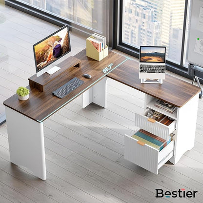 Bestier L Shaped Desk with File Drawer, 55.7" x 55" Office Computer Desk with Round Corners, Modern Desk with Monitor Stand & Fluted Panels for Home Office, White & Walnut