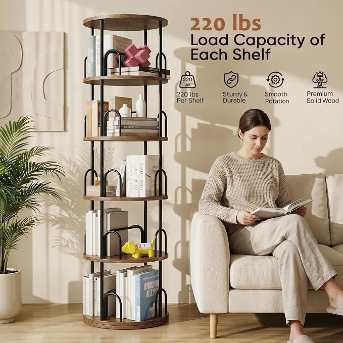 5 Tier Rotating Bookshelf, Corner Wooden, Metal Skinny Bookshelf for Toy Lego Dispaly Book Shelf Room Storage Organizer Furniture Black Tall Bookcase for Bedroom Living Room Office Kitchen Shelf