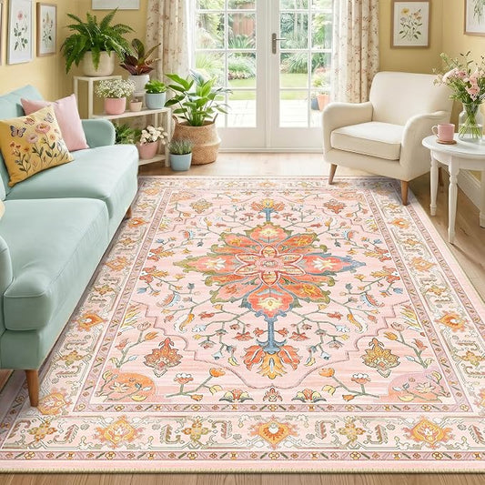 RELEANY Area Rugs 5'x7' Washable Non-Slip, Floral Vintage Distress Medallion Carpet for Living Room Bedroom Dining Room, Light Pink Colorful