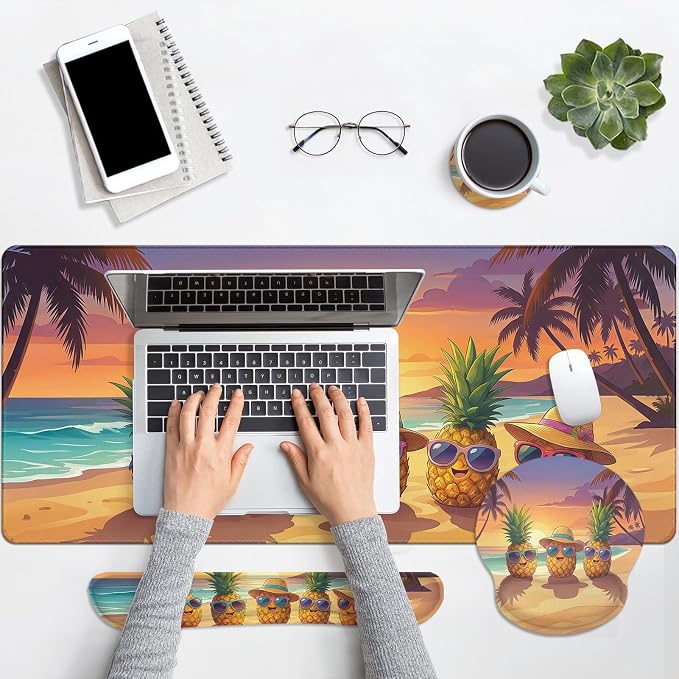 Britimes Summer Pineapple Keyboard Mouse Pad Set Funny Tropical Coastal 4in1 Large Mousepad+Keyboard Wrist Rest+Mouse Wrist Rest+Coaster Ergonomic Design for Home Office Computer 35.4x15.7 inches