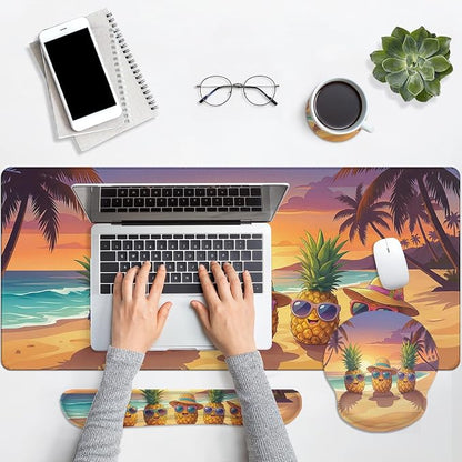 Britimes Summer Pineapple Keyboard Mouse Pad Set Funny Tropical Coastal 4in1 Large Mousepad+Keyboard Wrist Rest+Mouse Wrist Rest+Coaster Ergonomic Design for Home Office Computer 35.4x15.7 inches