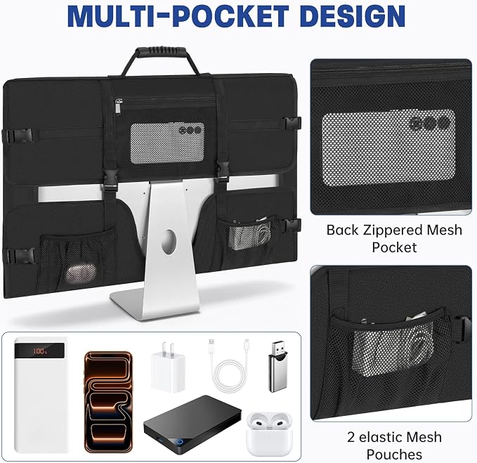 Monitor Carrying Case for 27 Inch Monitors/LCD Screens, Padded Protective Travel Bag with Handle & Multiple Pockets, Compatible with iMac 27, Desktop Monitor Dust Cover for Moving, Business Trip