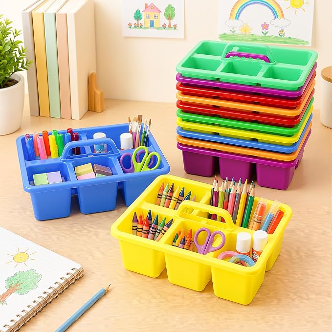 WILLBOND 12 Pcs Classroom Caddy with Handle Bulk Plastic Storage Caddy Organizer with 5 Compartment Portable Storage Bin for Pencil, Pen, Crayon, Marker, Home, Office, School Supply(Multicolor)