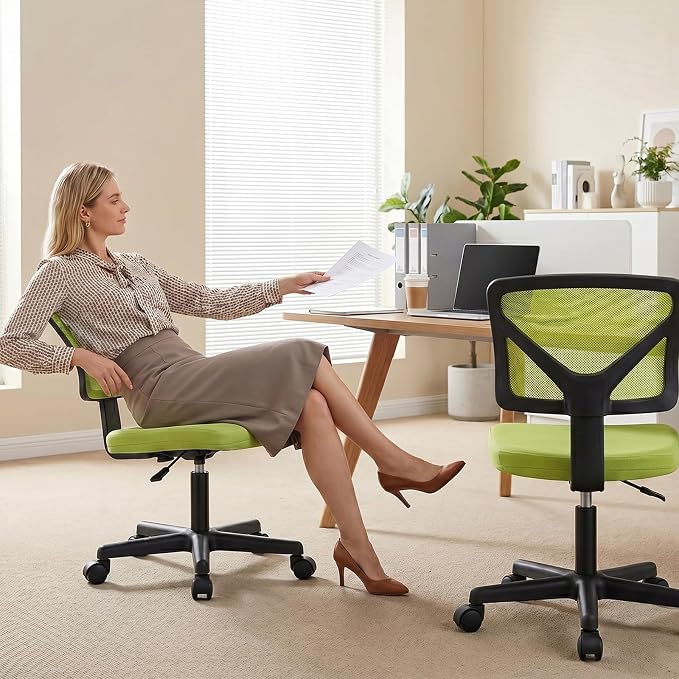 OLIXIS Armless Office Chair, Ergonomic Desk Chair with Wheels, Mesh Back, Removable Washable Foam Cushion, Height Adjustable Rolling Swivel Chairs for Small Space, Home, Office, Green