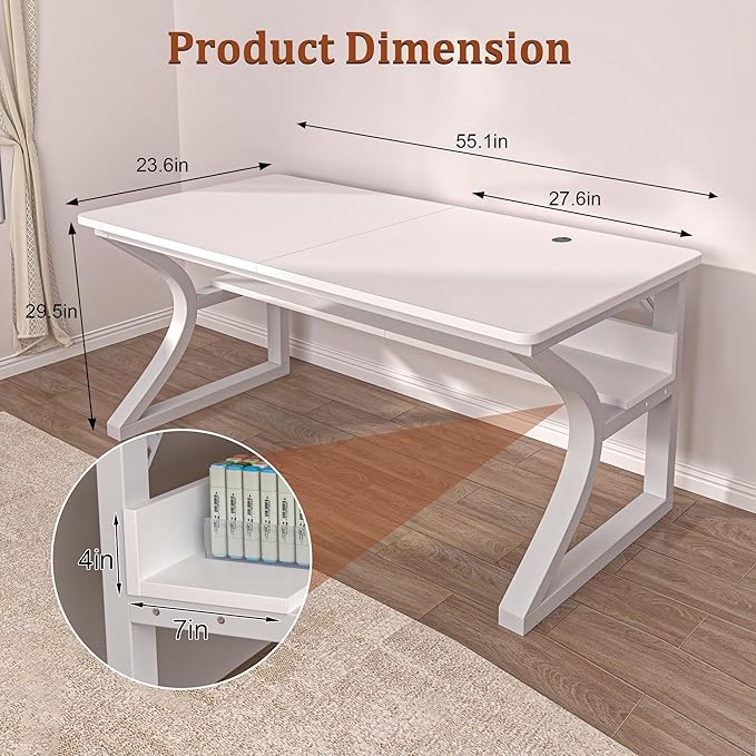 55 inch Computer Desk, Home Office Desk with Storage Shelf, Sturdy U-Shaped Metal Frame Study Table with Cable Management, Gaming Desk for Office & Bedroom (White, 55inch)
